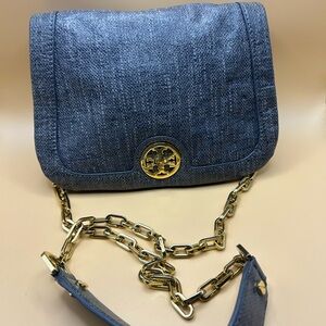 Tory Burch Blue Jean Canvas Crossover Bag Gold Link Chain Strap Clutch Dedigner